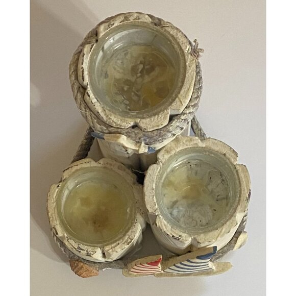 Nautical Triple Tea Light Wood Candle Holder Pier Seagull Sailboat Shell Ocean - Picture 5 of 6